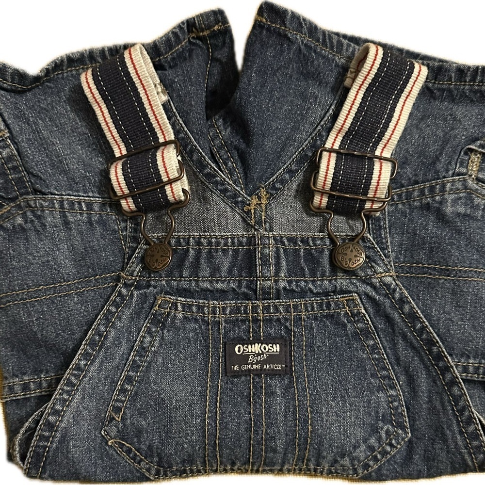 OshKosh B'gosh Blue Denim Overalls w/ Navy Striped Straps 2T Boat Americana July